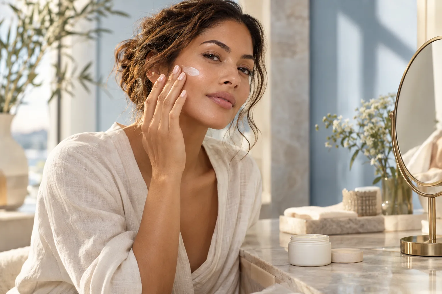 A woman applying moisturizer at a sunlit vanity