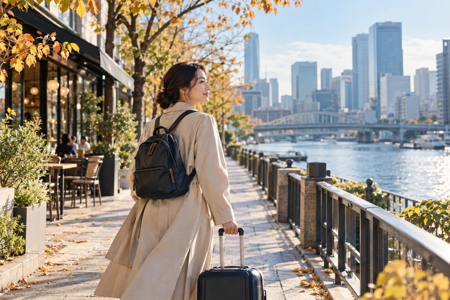 A woman with a backpack and suitcase on a riverside city walk